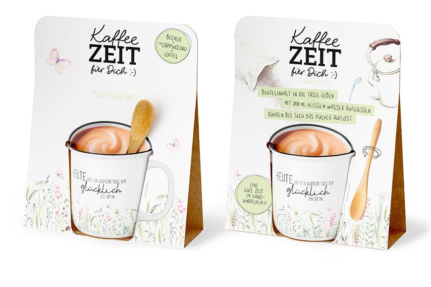Kaffeezeit für Dich „Heute ist ein guter Tag, um glücklich zu sein“ Wiese – Geschenkset mit Kultbecher, Cappuccino & Bambuslöffel