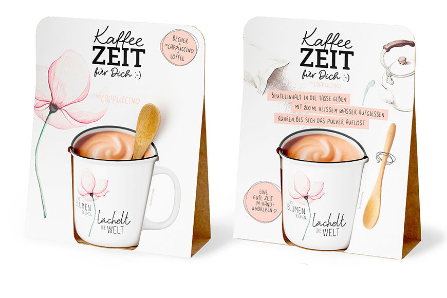Kaffeezeit für Dich „Schön, dass es Dich gibt“ Rose – Geschenkset mit Kultbecher, Cappuccino & Bambuslöffel
