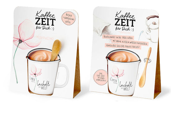 Kaffeezeit für Dich „Schön, dass es Dich gibt“ Rose – Geschenkset mit Kultbecher, Cappuccino & Bambuslöffel
