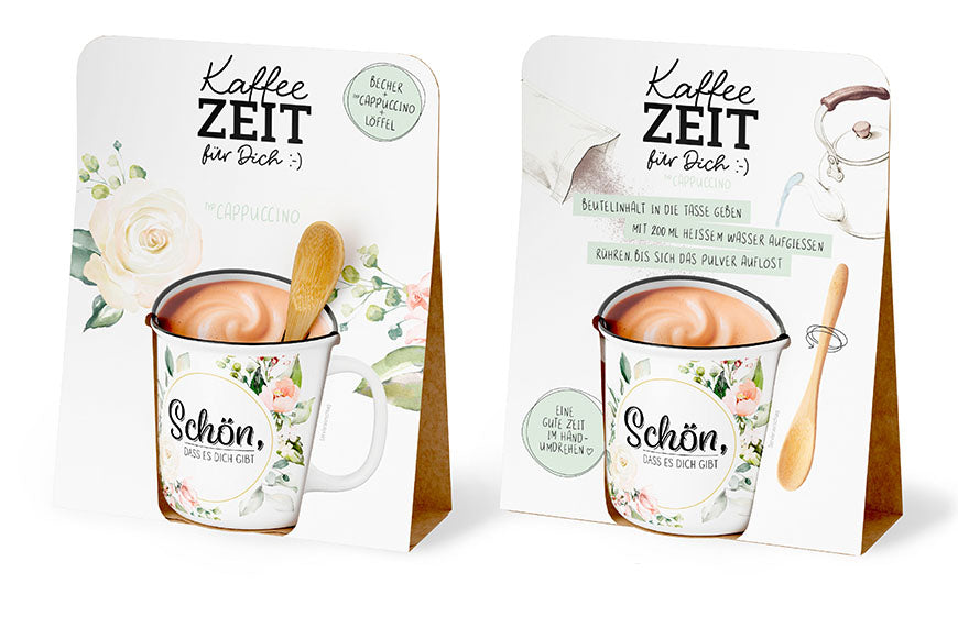 Kaffeezeit für Dich „Wo Blumen blühen, lächelt die Welt“ Blume – Geschenkset mit Kultbecher, Cappuccino & Bambuslöffel