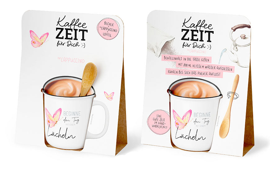 Kaffeezeit für Dich „Beginne den Tag mit einem Lächeln“ Schmetterling – Geschenkset mit Kultbecher, Cappuccino & Bambuslöffel