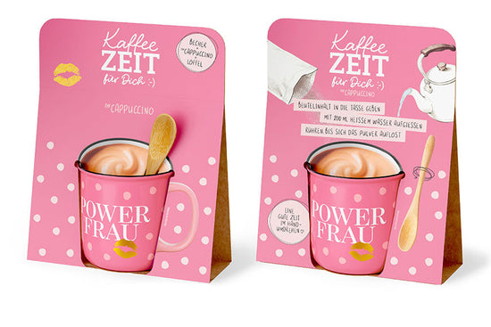 Kaffeezeit für Dich „Power Frau“ Pink mit Kussmund – Geschenkset mit Kultbecher, Cappuccino & Bambuslöffel