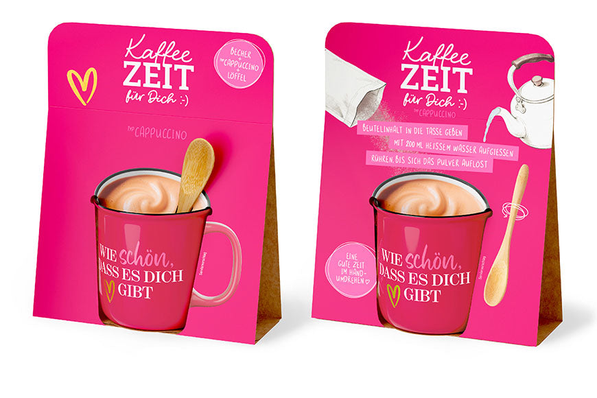 Kaffeezeit für Dich „Wie schön, dass es Dich gibt“ Pink mit Herz – Geschenkset mit Kultbecher, Cappuccino & Bambuslöffel