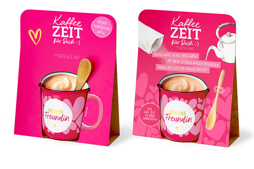 Kaffeezeit für Dich „Herzens Freundin“ Pink mit Herzen – Geschenkset mit Kultbecher, Cappuccino & Bambuslöffel
