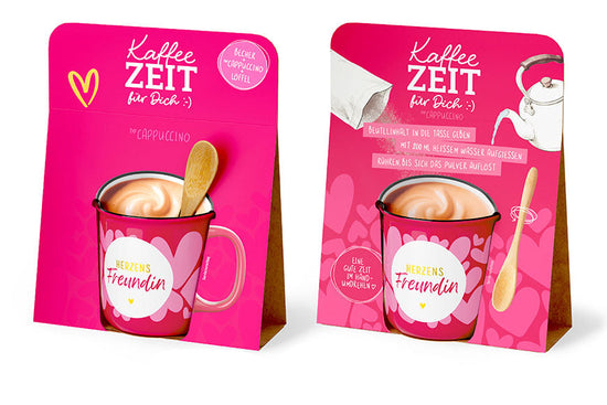 Kaffeezeit für Dich „Herzens Freundin“ Pink mit Herzen – Geschenkset mit Kultbecher, Cappuccino & Bambuslöffel