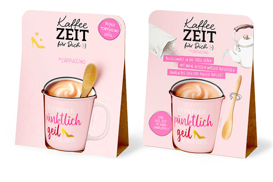 Kaffeezeit für Dich „Entweder pünktlich oder geil aussehen“ Rosa mit High Heel – Geschenkset mit Kultbecher, Cappuccino & Bambuslöffel