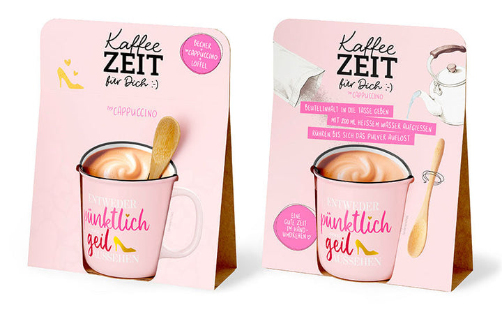 Kaffeezeit für Dich „Entweder pünktlich oder geil aussehen“ Rosa mit High Heel – Geschenkset mit Kultbecher, Cappuccino & Bambuslöffel