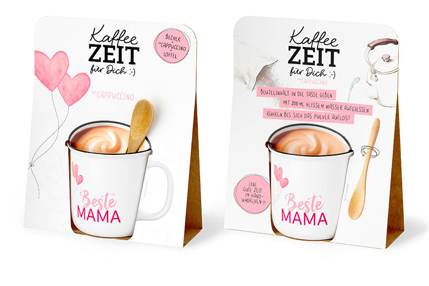 Kaffeezeit für Dich „Beste Mama“ – Geschenkset mit Kultbecher, Cappuccino & Bambuslöffel