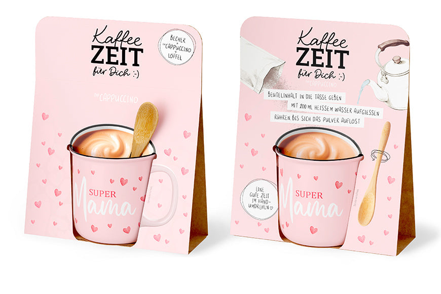 Kaffeezeit für Dich „Super Mama“ Rosa – Geschenkset mit Kultbecher, Cappuccino & Bambuslöffel