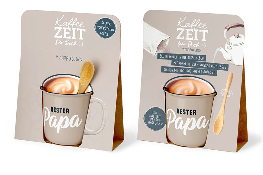 Kaffeezeit für Dich „Bester Papa“ Beige – Geschenkset mit Kultbecher, Cappuccino & Bambuslöffel