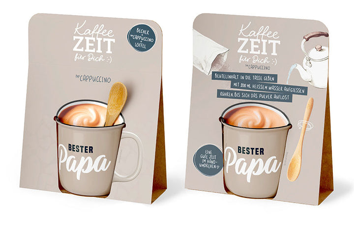 Kaffeezeit für Dich „Bester Papa“ Beige – Geschenkset mit Kultbecher, Cappuccino & Bambuslöffel