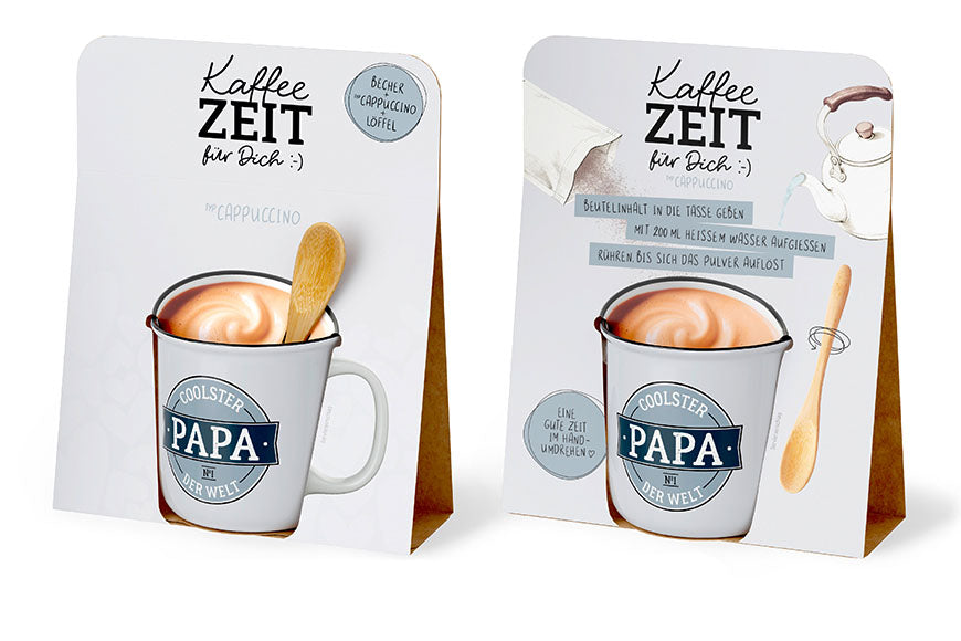 Kaffeezeit für Dich „Coolster Papa der Welt“ – Geschenkset mit Kultbecher, Cappuccino & Bambuslöffel