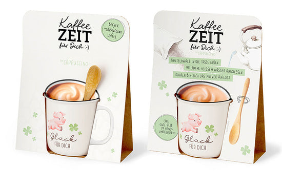 Kaffeezeit für Dich „Glück für Dich“ Glücksschwein – Geschenkset mit Kultbecher, Cappuccino & Bambuslöffel