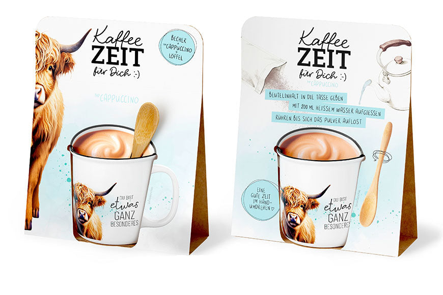 Kaffeezeit für Dich „Du bist etwas ganz Besonderes“ Hochland Rind – Geschenkset mit Kultbecher, Cappuccino & Bambuslöffel