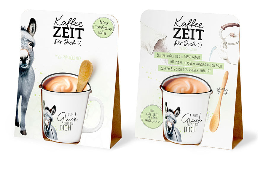 Kaffeezeit für Dich „Zum Glück gibt es Dich“ Esel – Geschenkset mit Kultbecher, Cappuccino & Bambuslöffel