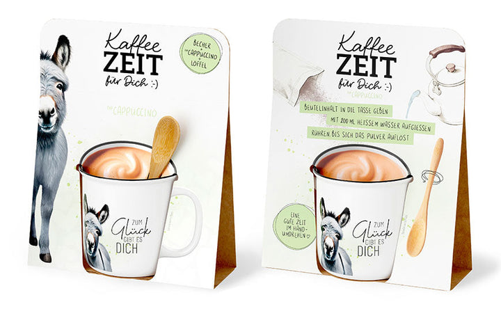 Kaffeezeit für Dich „Zum Glück gibt es Dich“ Esel – Geschenkset mit Kultbecher, Cappuccino & Bambuslöffel