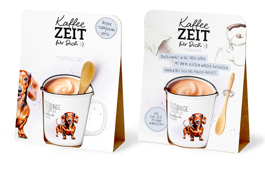 Kaffeezeit für Dich „Für die wichtigen Dinge im Leben“ Dackel – Geschenkset mit Kultbecher, Cappuccino & Bambuslöffel