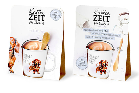 Kaffeezeit für Dich „Für die wichtigen Dinge im Leben“ Dackel – Geschenkset mit Kultbecher, Cappuccino & Bambuslöffel