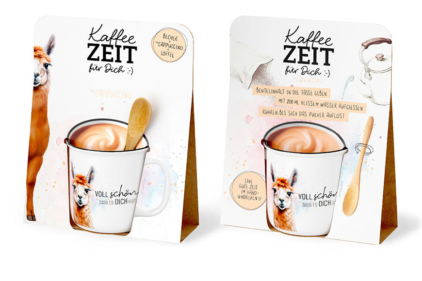 Kaffeezeit für Dich „Voll schön, dass es Dich gibt“ Alpaka – Geschenkset mit Kultbecher, Cappuccino & Bambuslöffel
