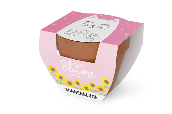 980581980589 Geschnek für Dich Sonnenblume im Topf, Motiv Katze, Aufschrift Sei einzig, nicht artig, Geschenkidee