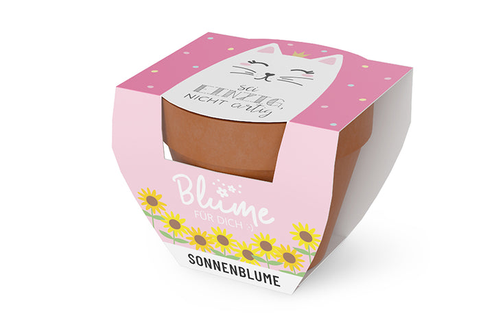 980581980589 Geschnek für Dich Sonnenblume im Topf, Motiv Katze, Aufschrift Sei einzig, nicht artig, Geschenkidee