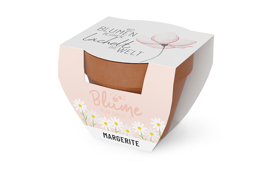 980593 Geschnek für Dich Margerite im Topf, mit Aufschrift Wo Blumen blühen, lächelt die Welt, Geschenkidee