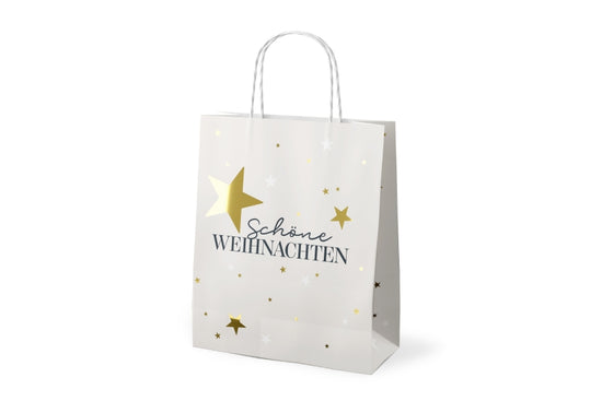 Geschenktüte Schöne Weihnachten in Cremeweiß mit goldenen Sternen, Papier 24 x 20 x 8,9 cm – Geschenk für Dich