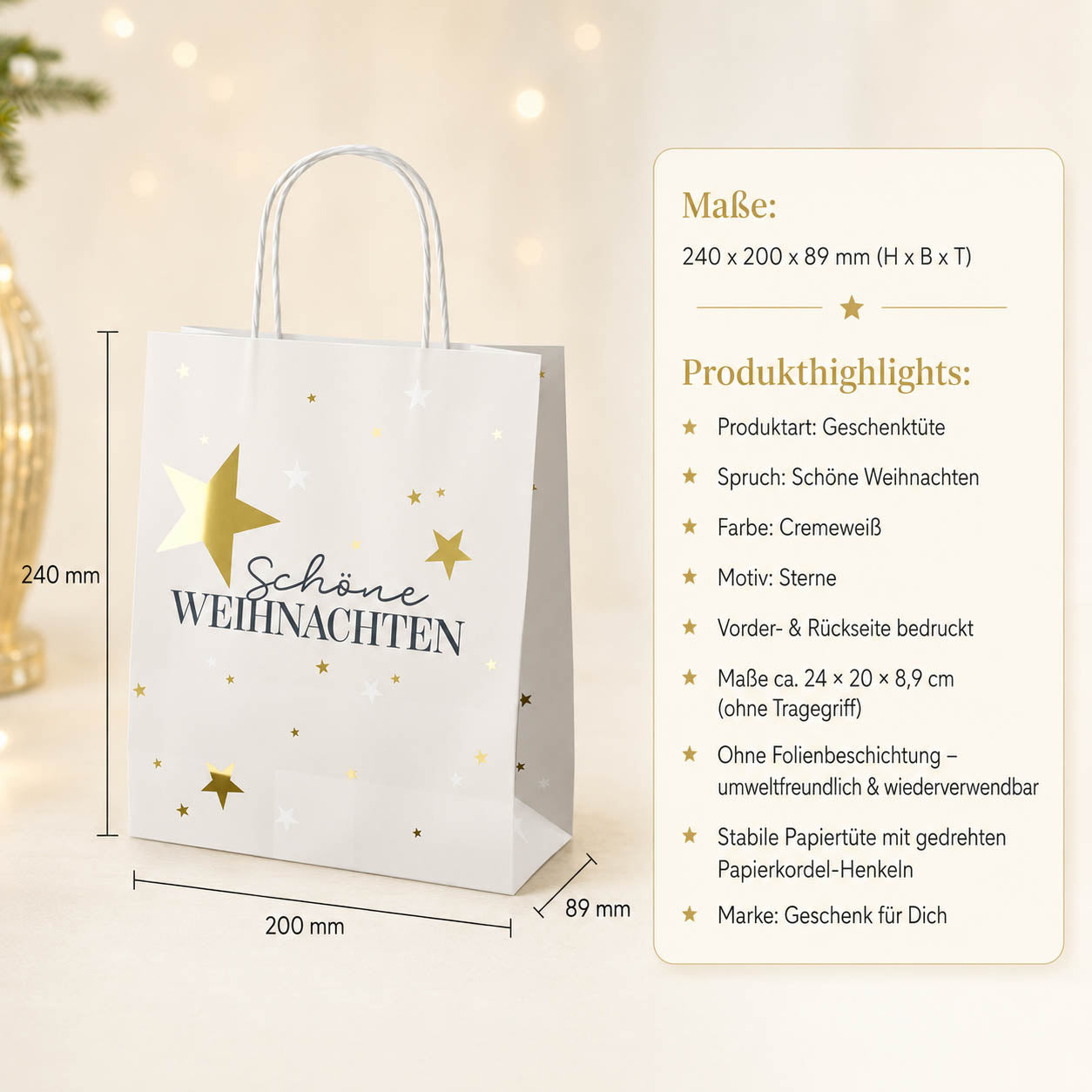 Geschenktüte Schöne Weihnachten – Maße und Produkthighlights, Papier ohne Folienbeschichtung