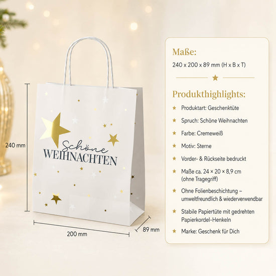 Geschenktüte Schöne Weihnachten – Maße und Produkthighlights, Papier ohne Folienbeschichtung