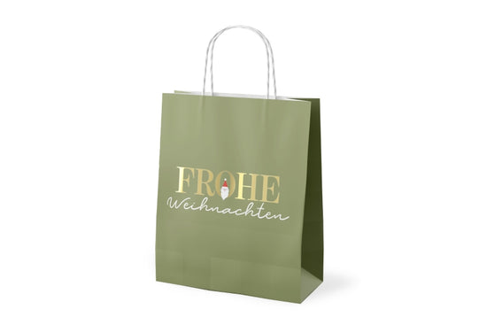 Geschenktüte Frohe Weihnachten in Salbeigrün mit Wichtel, Papier 24 x 20 x 8,9 cm – Geschenk für Dich