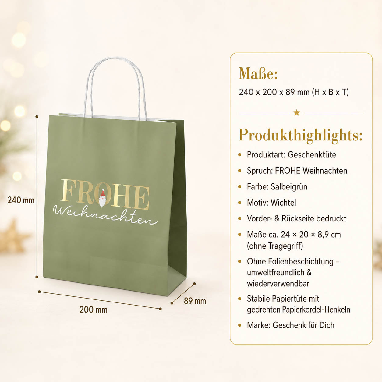 Geschenktüte Frohe Weihnachten – Maße und Produkthighlights, Papier ohne Folienbeschichtung