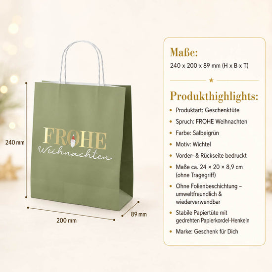 Geschenktüte Frohe Weihnachten – Maße und Produkthighlights, Papier ohne Folienbeschichtung