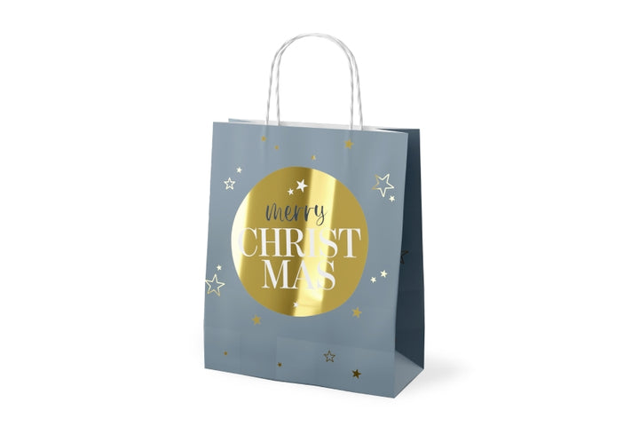 Geschenktüte Merry Christmas in Blaugrau mit goldenem Kreis, Papier 24 x 20 x 8,9 cm – Geschenk für Dich