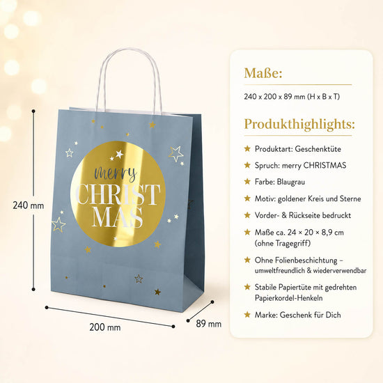 Geschenktüte Merry Christmas – Maße und Produkthighlights, Papier ohne Folienbeschichtung
