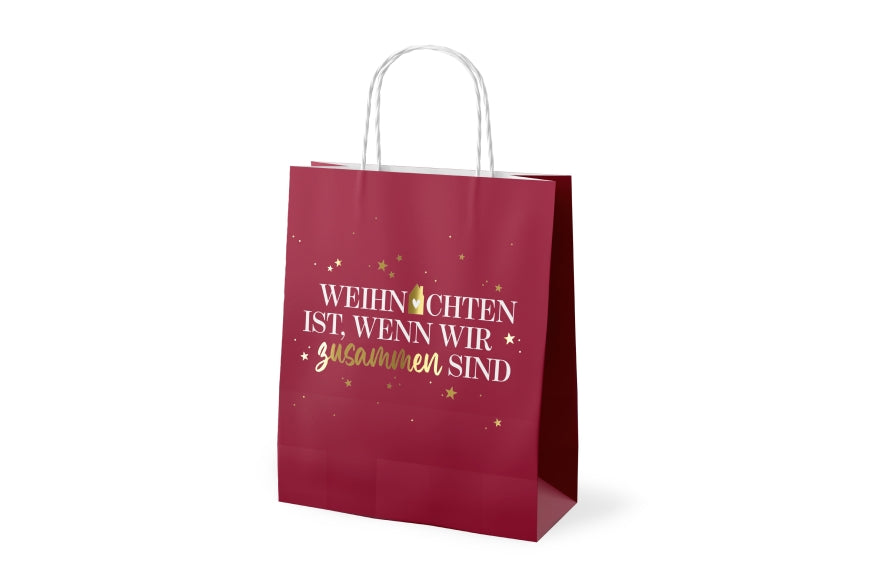 Geschenktüte Weihnachten ist wenn wir zusammen sind in Bordeauxrot mit goldenen Sternen, Papier 24 x 20 x 8,9 cm – Geschenk für Dich