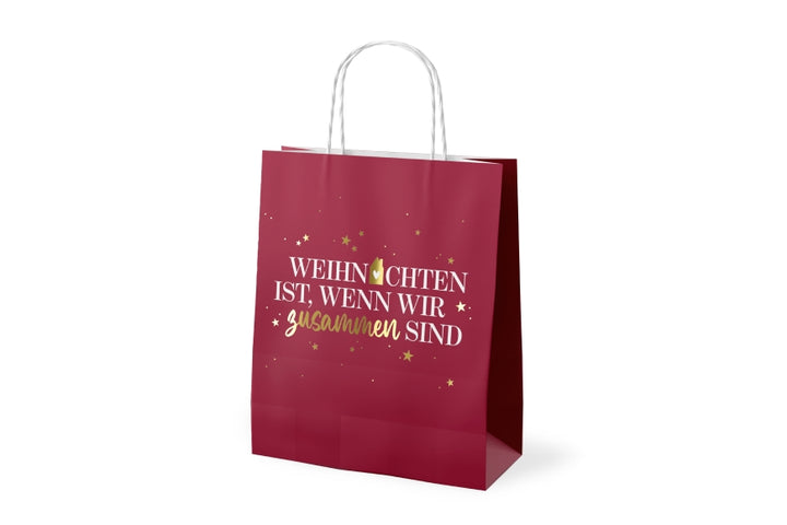 Geschenktüte Weihnachten ist wenn wir zusammen sind in Bordeauxrot mit goldenen Sternen, Papier 24 x 20 x 8,9 cm – Geschenk für Dich