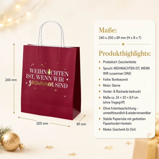 Geschenktüte Weihnachten zusammen sind – Maße und Produkthighlights, Papier ohne Folienbeschichtung