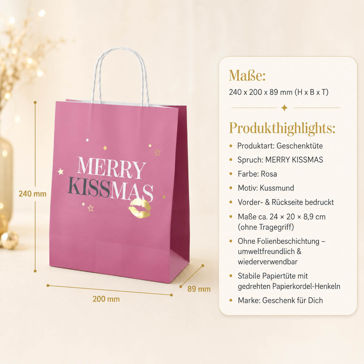 Geschenktüte Merry Kissmas – Produkthighlights, Papier, Maße 240 × 200 × 89 mm, Kordel-Henkel, Motiv Kussmund