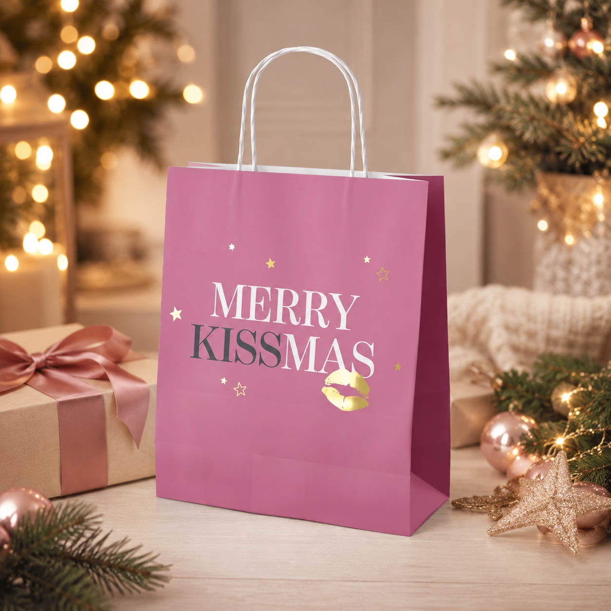 Geschenktüte Merry Kissmas stimmungsvoll mit Weihnachtsdeko – Geschenk für Dich