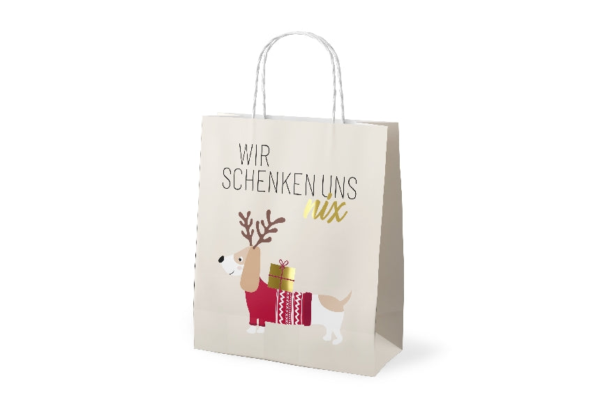 Geschenk für Dich Geschenktüte mit Aufschrift Wir schenken uns nix und süßem Weihnachtsdackel-Motiv