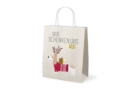 Geschenk für Dich Geschenktüte mit Aufschrift Wir schenken uns nix und süßem Weihnachtsdackel-Motiv