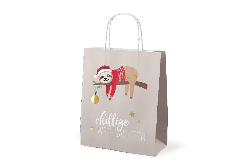 Geschenktüte mit Weihnachts-Faultier-Motiv & Aufschrift „Chillige Weihnachten“ von Geschenk für Dich