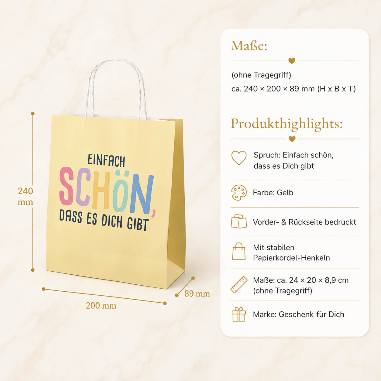 Geschenktüte „Einfach schön, dass es Dich gibt“ Gelb – Geschenk für Dich (Highlight)