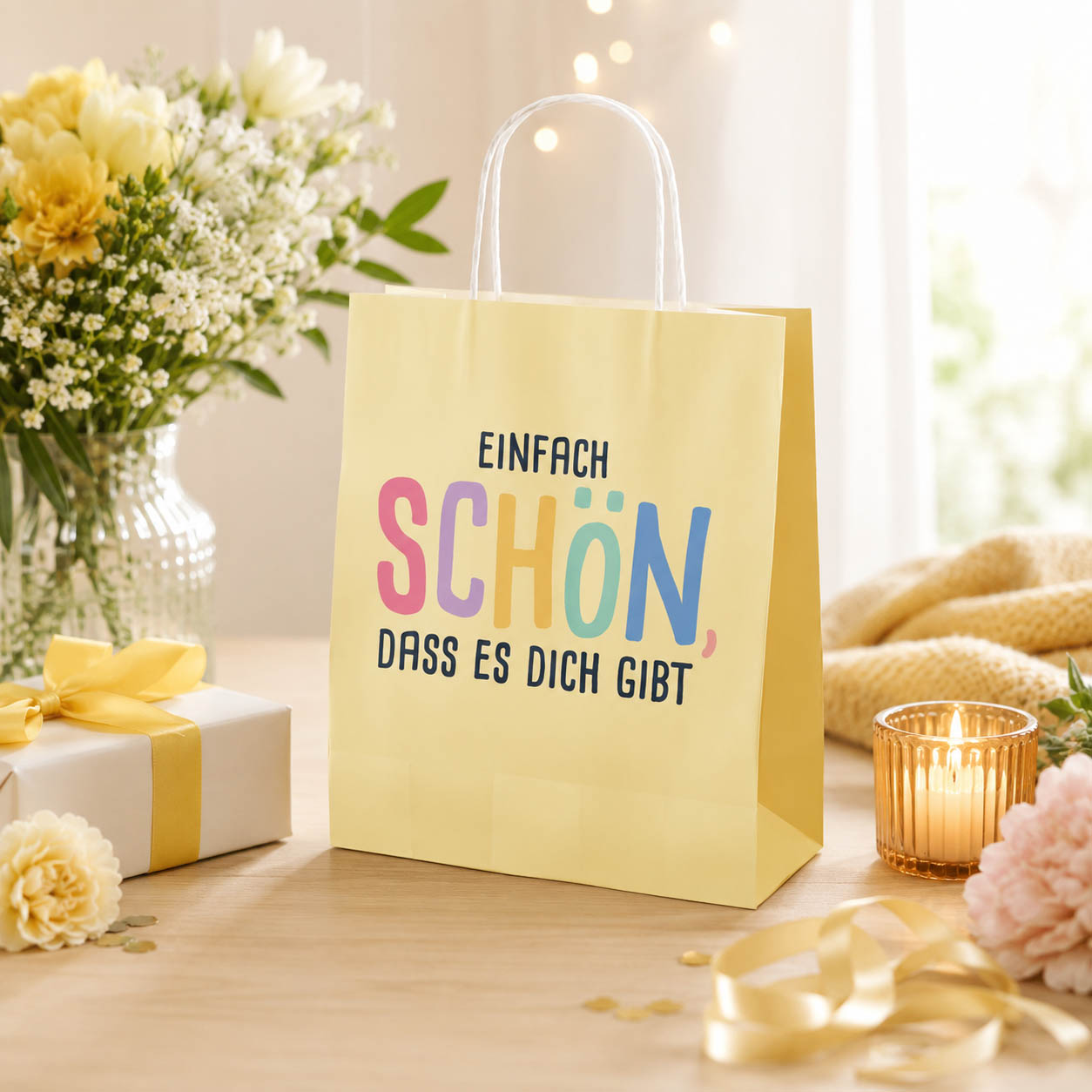 Geschenktüte „Einfach schön, dass es Dich gibt“ Gelb – Geschenk für Dich (Moodbild)