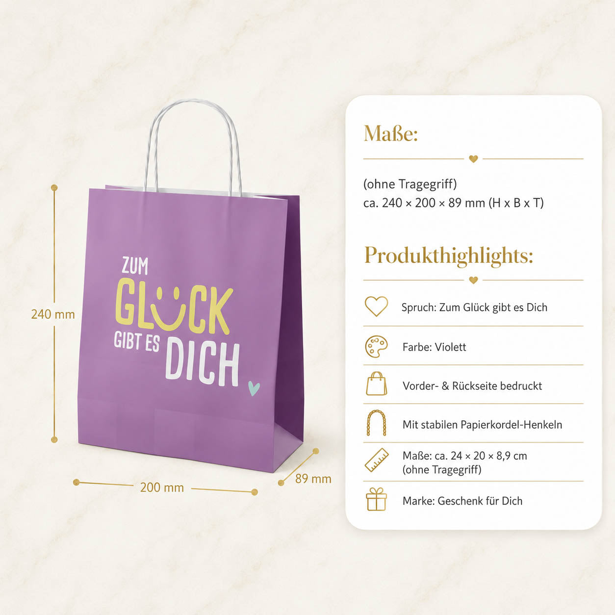 Geschenktüte „Zum Glück gibt es Dich“ Violett – Geschenk für Dich (Highlight)