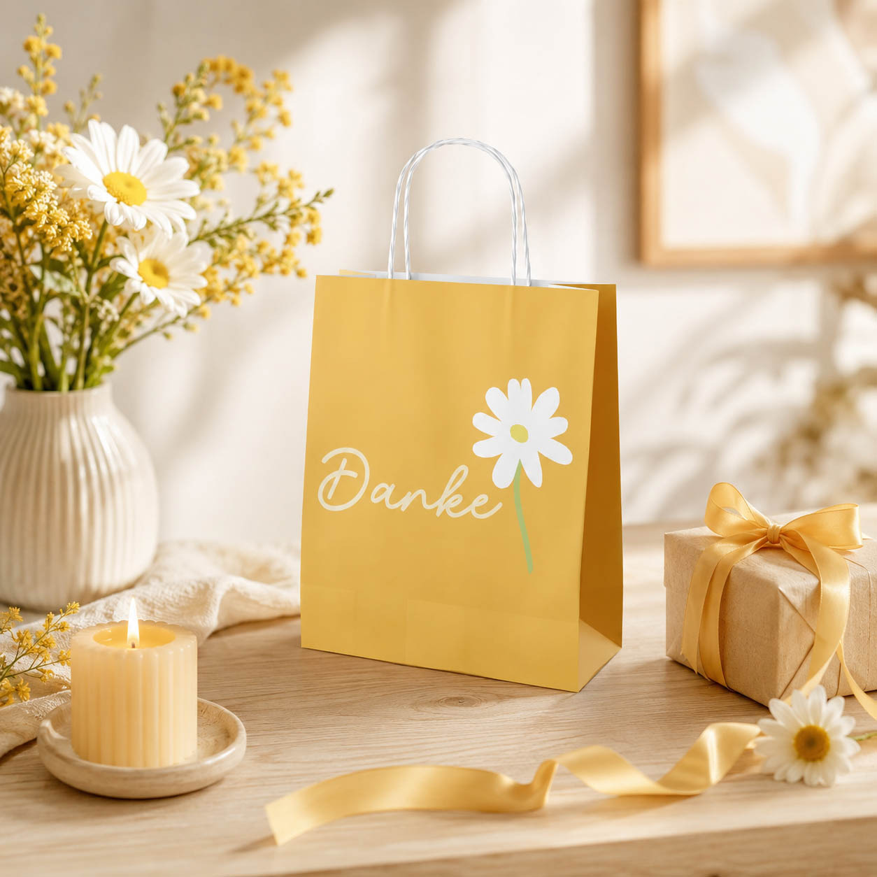 Geschenktüte „Danke“ Orange mit Margerite – Geschenk für Dich (Moodbild)