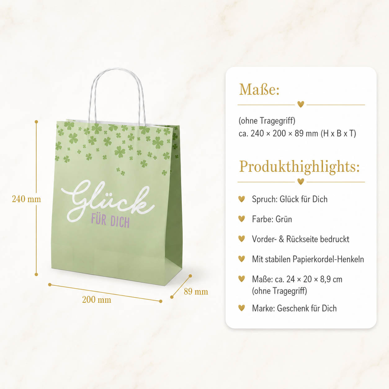 Geschenktüte „Glück für Dich“ Grün mit Kleeblatt – Geschenk für Dich (Highlight)