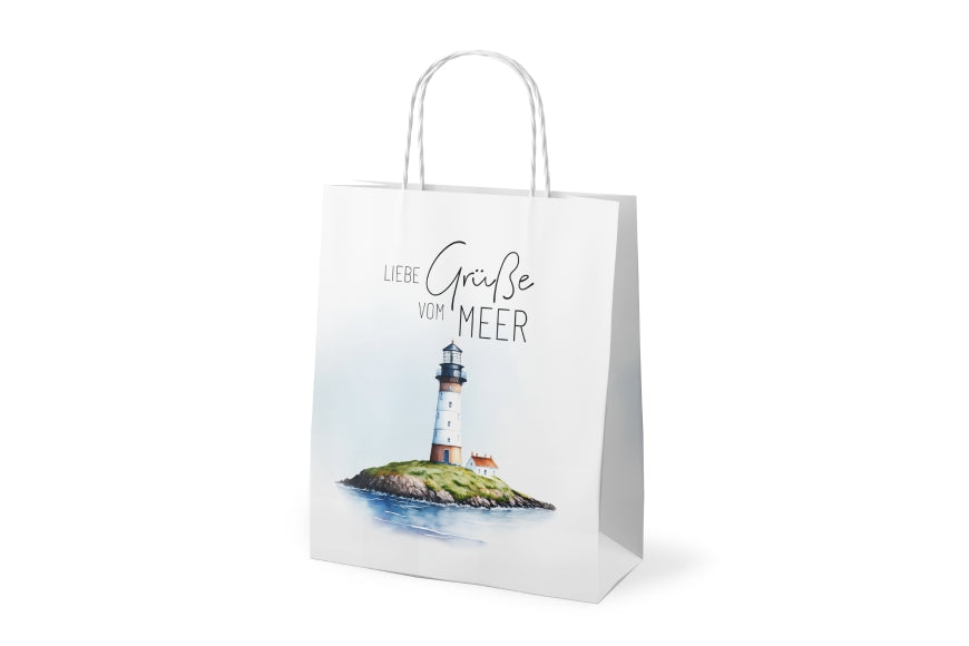 Maritime Geschenktüte „Ein wenig Meer tut viel für die Seele“ mit Leuchtturm-Motiv auf einer Insel von Geschenk für Dich