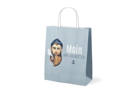 Maritime Geschenktüte „Moin ihr Landratten“, Motiv Seemann mit Mütze, Bart und Pfeife von Geschenk für Dich
