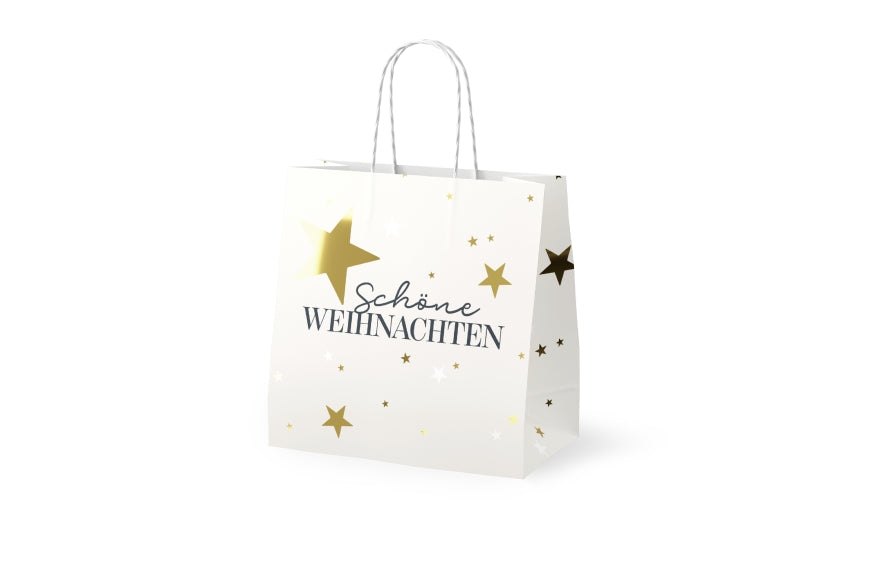Mini-Geschenktüte Schöne Weihnachten in Cremeweiß mit goldenen Sternen, Papier 15 x 15 x 8 cm – Geschenk für Dich